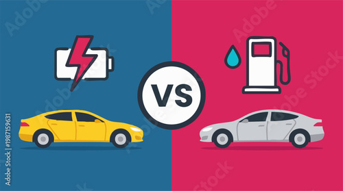 Comparison of electric car vs. gasoline car with fuel and battery icons