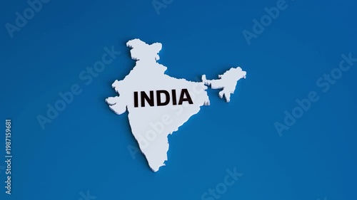 India map concept shown with 3d white map of India and bold text on solid blue background in smooth zoom out animation