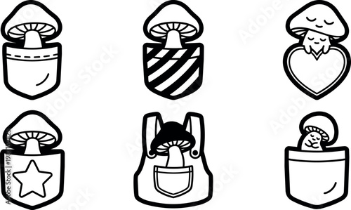 Black and white mushroom characters popping from pockets with hearts stars and overalls