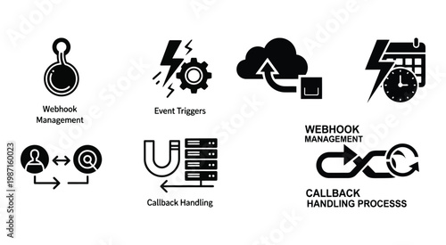 A collection of black icons representing various aspects of webhook and callback management systems