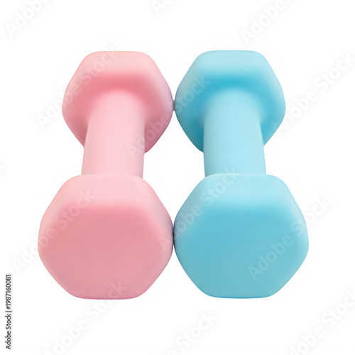 Pair of pink and blue rubber hex dumbbells for exercise and fitness routines isolated on transparent background