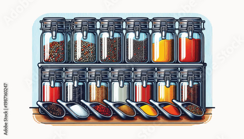 Assorted Spices in Glass Jars on Rack.