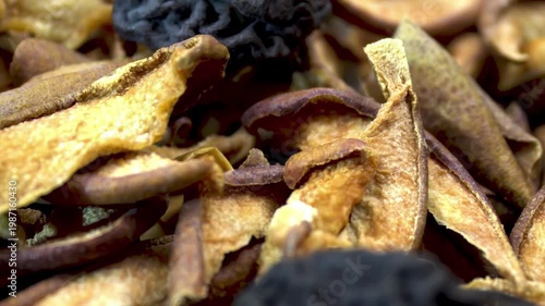 Macro Background of Dehydrated Pear Slices (Pyrus communis) Showing Detailed Tissue Texture and Organic Preservation