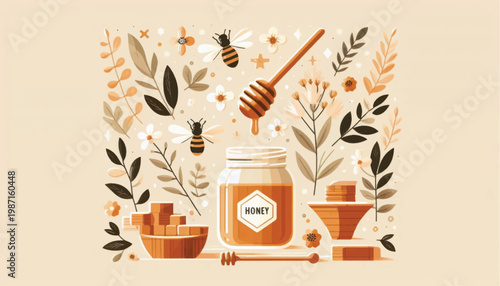 Honey Jar with Bees and Leaves Illustration.