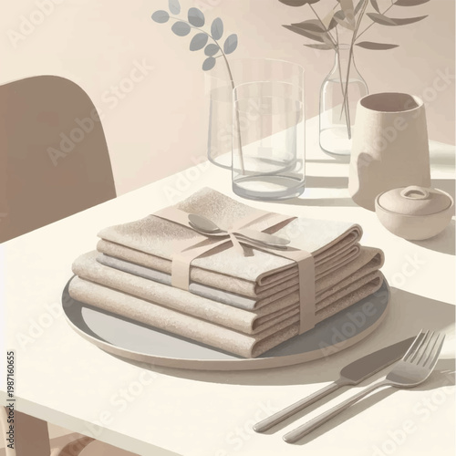 Stack of Folded Napkins with Utensils on Plate.