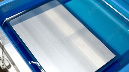 electroplating. Rectangular metal sheet acquiring a shiny silver coating in blue solution. safety posters, maintenance manuals, designed for industrial assembly lines and welding operations.