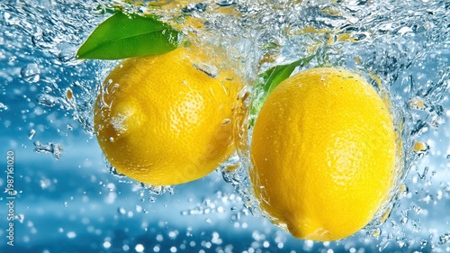 Fresh yellow lemons splashing in cool blue water, creating a refreshing and drink concept summer healthy