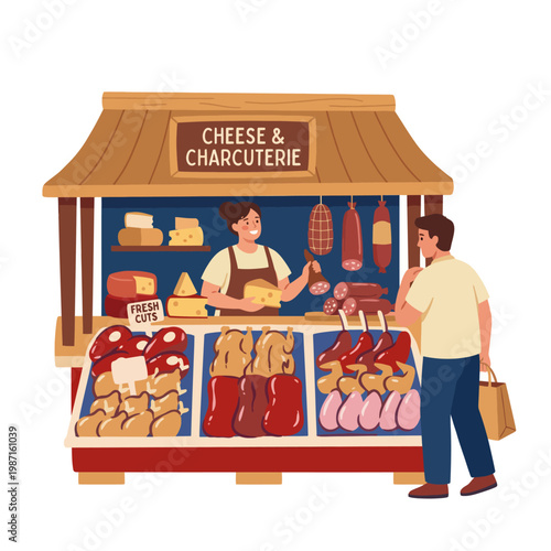 A vibrant market charcuterie stand filled with assorted cheeses, cured meats, and fresh produce, representing the art of culinary delights and gourmet food experiences.
