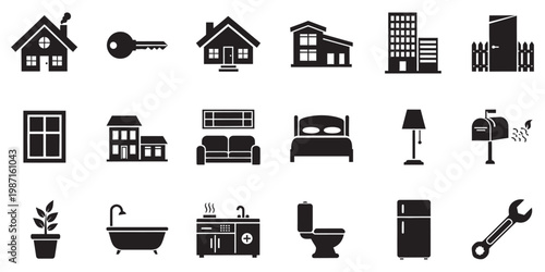 House, Furniture and Property Icons Pack Minimal Black Vector