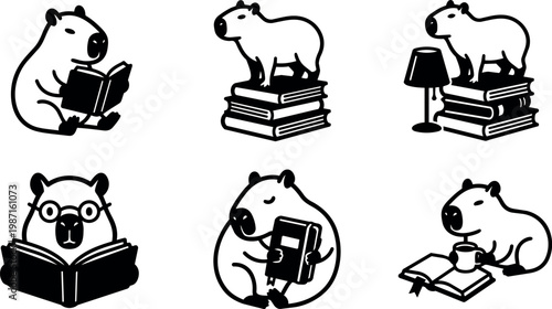 Black and white capybara reading book and sitting with study lamp vector art