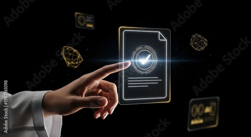Tangan menyentuh dokumen digital dengan tanda centang di layar futuristik