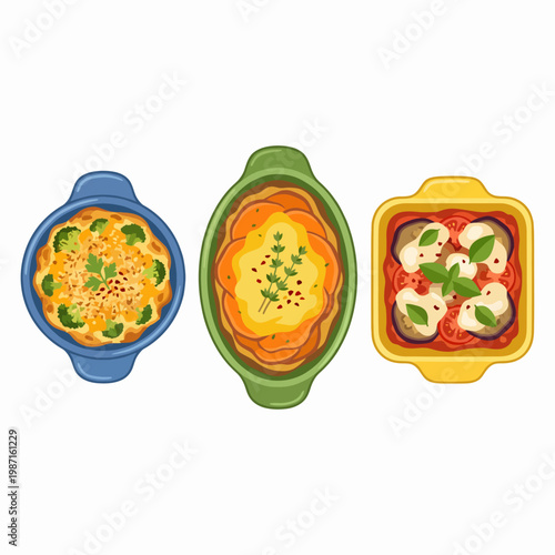 This vibrant illustration features three distinct dishes, each presented in colorful containers, showcasing a fusion of flavors and styles for food enthusiasts and chefs alike.