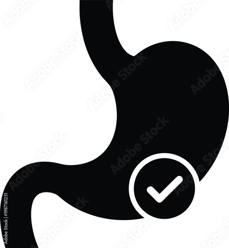 Stomach organ with checkmark health status icon on white background