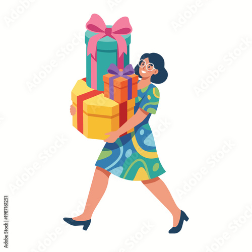 A cheerful woman with glasses happily carrying colorful wrapped gift boxes, capturing the spirit of celebration, joy, and gifting moments in life.