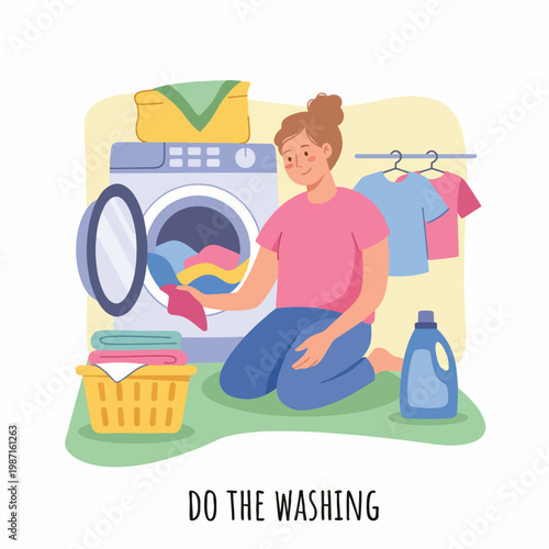 A warm illustration of a woman engaging in laundry tasks beside a washing machine, capturing the essence of daily chores and the home environment.