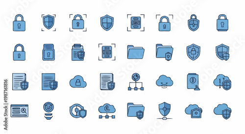 Collection of blue security icons representing data protection and digital safety.