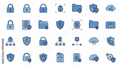 Collection of blue security and data icons on white background.