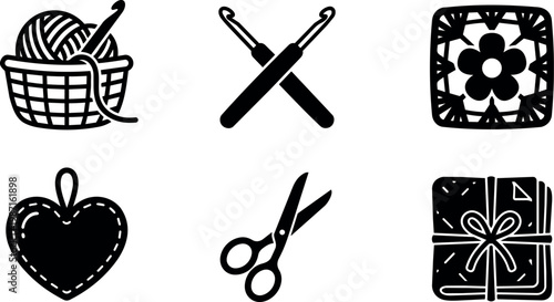 Black and white crochet tools and knitting icons including basket scissors and heart