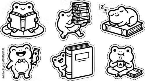 Black and white cartoon frogs reading carrying books and drinking coffee vector art