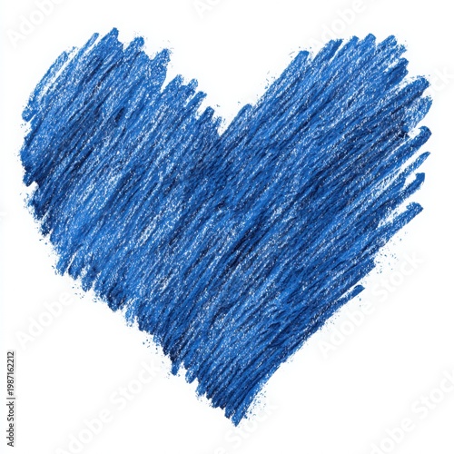 Hand drawn blue heart shape illustration made with rough crayon texture, featuring soft uneven edges, isolated on a pure white background for artistic and design purposes