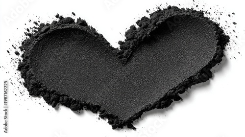 Black heart shape created with textured black powder on a pure white background, featuring organic edges and a minimalistic composition for strong visual contrast