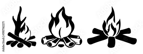 Campfire icon set with solid black flame shape on white background featuring black line, single color, simple illustration with minimal design and outline