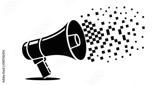 Bold megaphone emitting scattered pixel squares - for advertising illustration