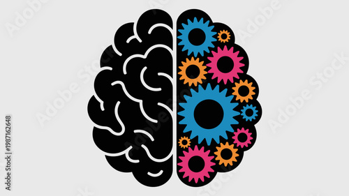 Geometric brain mark with interlocking gear hemisphere - for neuroscience illustration