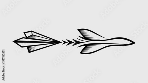 Bold paper plane metamorphosis into fighter jet - for progress concept graphic