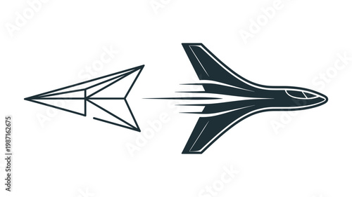 Paper plane transforming into sleek digital jet - for innovation branding