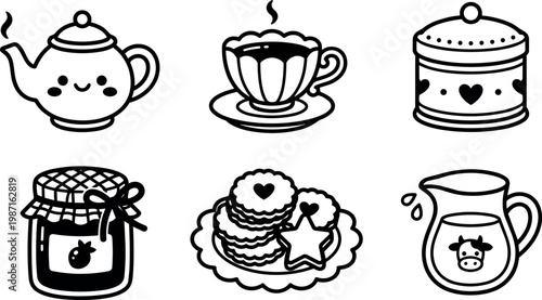 Cute black and white tea set with kettle cup jar cookies and milk jug