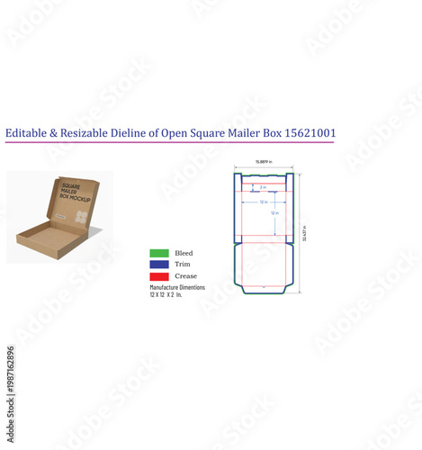 Open square mailer box, cardboard packaging with technical diagram