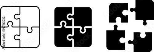 Visual representation of puzzle pieces forming a square and their inverse color versions