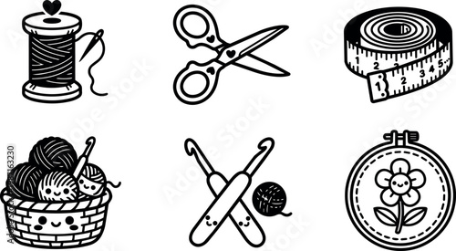 Black and white cute sewing kit icons with thread scissors yarn and embroidery