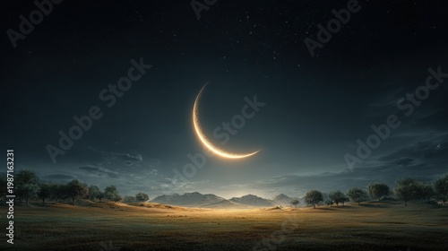 Cinematic Islamic celebration background featuring a crescent moon in a moonlit sky with a subtle glow on the horizon and clean foreground space for product placement