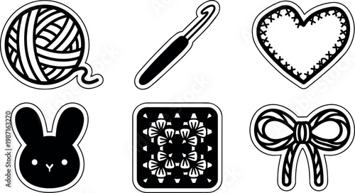 Black and white line art crochet hooks yarn heart bunny and floral square icons