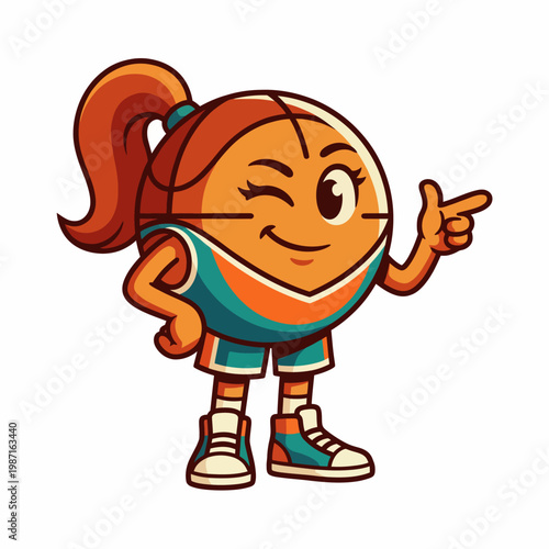 A cheerful cartoon basketball character with a ponytail winks playfully while posing with one finger pointing, embodying sportsmanship and fun in a vibrant style.