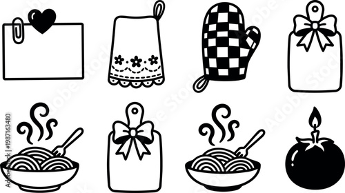 Kitchen mitt cutting board and steaming pasta bowl