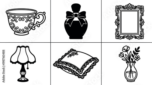 Black and white ornate teacup perfume bottle and vintage lamp pillow floral vase vector art