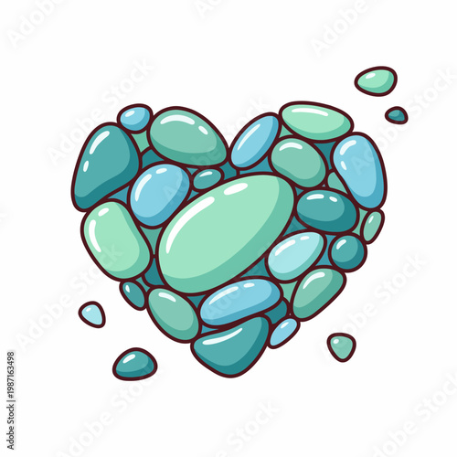 This artistic representation of a heart created from various colorful pebbles and stones embodies love and nature, symbolizing unity and harmony found in natural beauty.