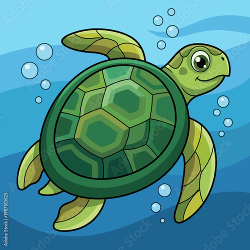 A charming illustration depicting a playful sea turtle gliding through clear waters, surrounded by bubbles, capturing the tranquility and beauty of ocean life.