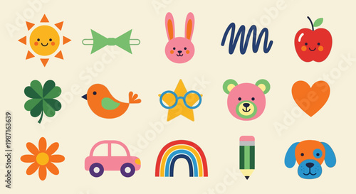 A colorful illustration of various cute cartoon objects and animals arranged on a cream background with hgfjd concept