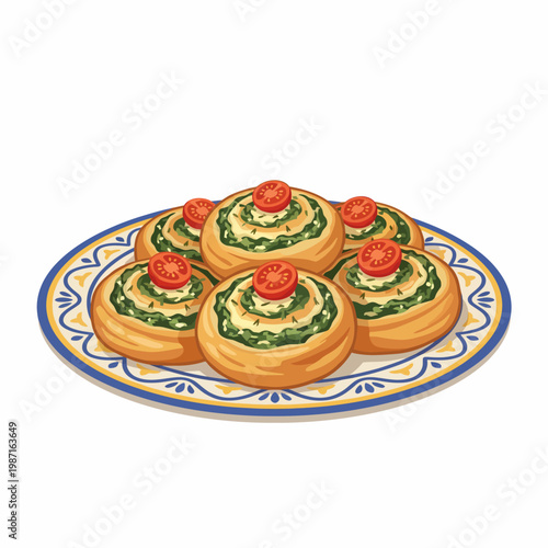 This appetizing illustration features a plate of savory puff pastries topped with succulent ingredients, inviting viewers to indulge in culinary delights and delicious flavors.