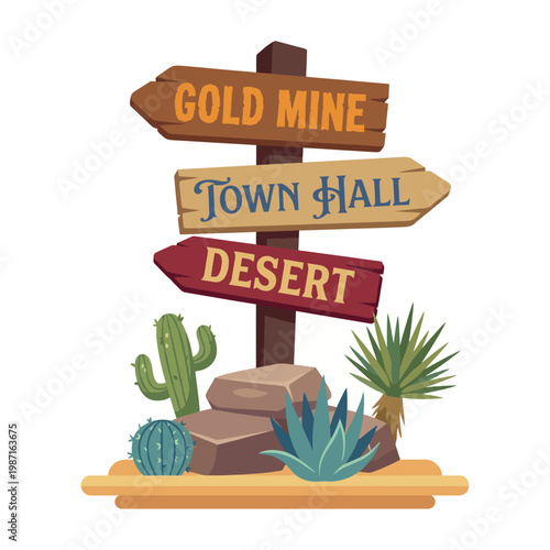 A colorful wooden signpost featuring destinations like Gold Mine, Town Hall, and Desert, set against a backdrop of cacti and rocks, representing a playful Western vibe.