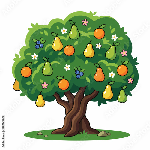 This cheerful illustration depicts a lush tree filled with colorful fruits and blooming flowers, celebrating nature's bountiful harvest in a vibrant, cartoonish style.