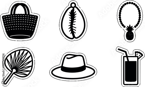 Black and white tropical summer icons including straw bag shell necklace and cocktail glass