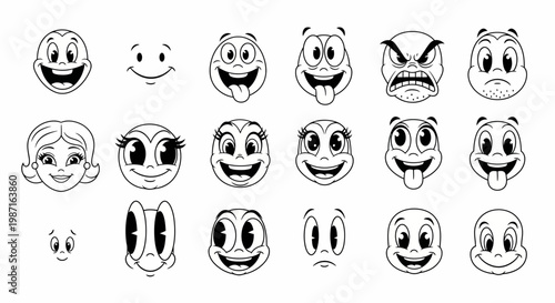 Various cartoon faces and expressions illustrated in a single frame