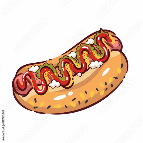 A tempting hot dog presented with delicious toppings, showcasing the classic street food experience perfect for summer picnics and food festivals.