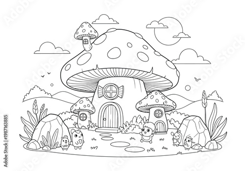 Cute mushroom house coloring page for kids, fantasy forest dwelling with adorable characters, whimsical nature scene with plants and rocks, black and white line art illustration