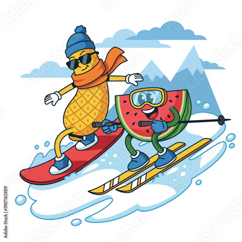 This animated illustration features a comical pineapple and watermelon skiing together, bringing a fun and whimsical touch to a winter sports theme.